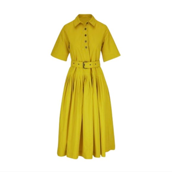 CO Half Placket Belted Shirt Dress Womens Medium Citron Yellow Short Sleeve Midi
